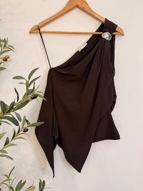 Zara Brown One Shoulder Draped Top Silver Buckle Size Medium